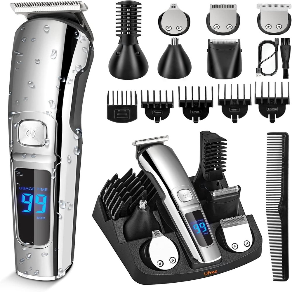 Beard Trimmer for Men - Waterproof Electric Razor for Face, Body, Mustache & Nose Hair, Cordless Grooming Kit with 6 Trimmer Heads & 5 Adjustable Combs, Rechargeable Hair Clippers for Men (Silver)