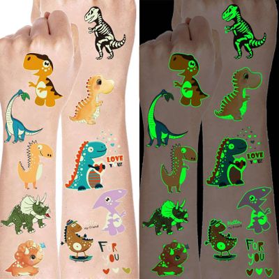 15 Sheets Glow in The Dark Cartoon Dinosaur Temporary Tattoos For Kids Boys Girls Face Hands, Night Glowing Luminous Tattoo Stickers Dino Tatoos Children, Party Stocking Stuffer Goodie Bags Fillers
