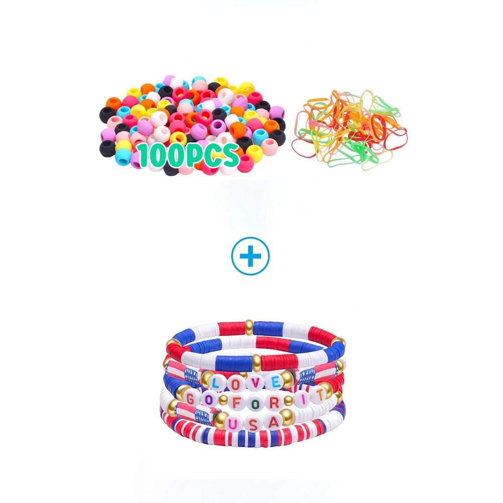 100Silicone Hair Beads & USA Bracelets for Teen, Girl, Boy, Women, Patriotic Red, White, Blue Stretch Bracelets