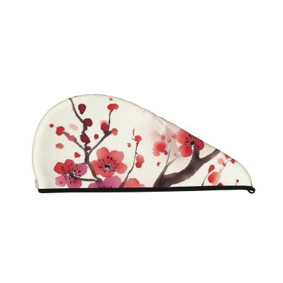 LHBWCVN Japanese Spring Plum Floral Hair Towel Wrap for Women Hair Cap Coral Velvet Hair Drying Cap with Button Super Absorbent Hair Drying Towel Quick Dry Hair Turban for Wet Hair Long Thick Hair