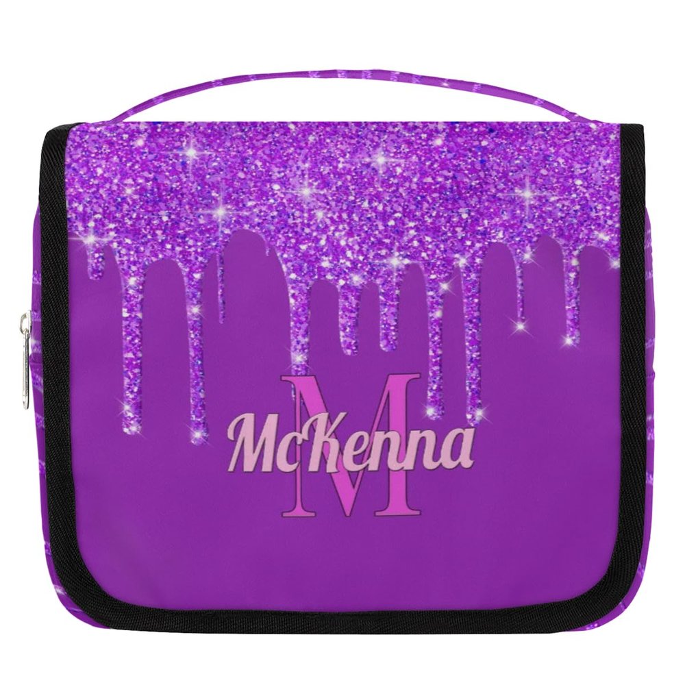 KFNHN Personalized Hanging Toiletry Bag for Women, Large Capacity Travel Custom Name For Birthday, Anniversary, Wedding Deep Purple Bling Glittering