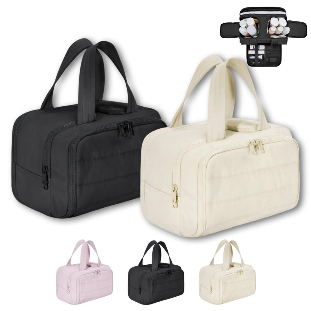 4-in-1 Multifunctional Travel Cosmetic Bag, Large-Capacity Travel Cosmetic Bag, 4-in-1 Puffy Multi-functional Toiletry Bag, 2025 New Camping Toiletry Bag for Women Traveling (Black+Beige)