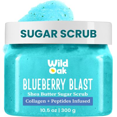WildOak Blueberry Blast Shea Sugar Scrub | With Collagen & Peptides | Tan Removal | Lightens Dark Areas like Neck & Elbows | Smoothen Bumpy Legs & Hands | Hydrating & Exfoliating Body Scrub | 10.58 oz