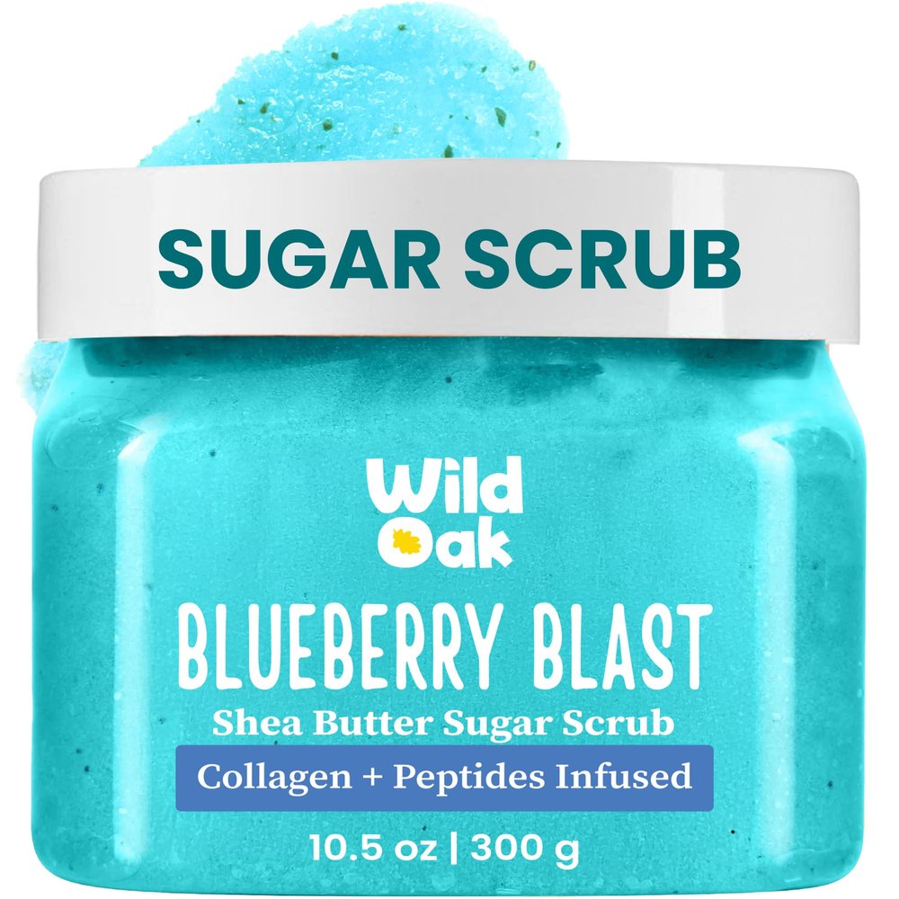 WildOak Blueberry Blast Shea Sugar Scrub | With Collagen & Peptides | Tan Removal | Lightens Dark Areas like Neck & Elbows | Smoothen Bumpy Legs & Hands | Hydrating & Exfoliating Body Scrub | 10.58 oz