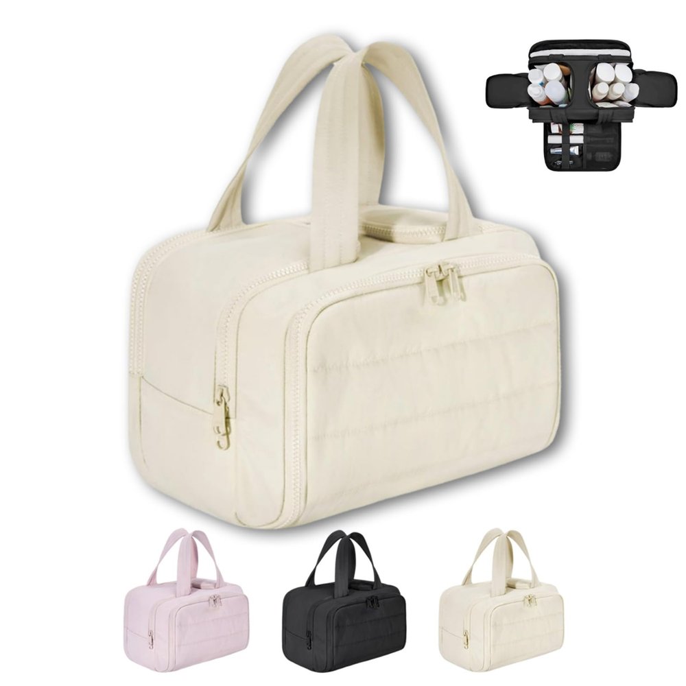 4-in-1 Multifunctional Travel Cosmetic Bag, Large-Capacity Travel Cosmetic Bag, 4-in-1 Puffy Multi-functional Toiletry Bag, 2025 New Camping Toiletry Bag for Women Traveling (Beige)