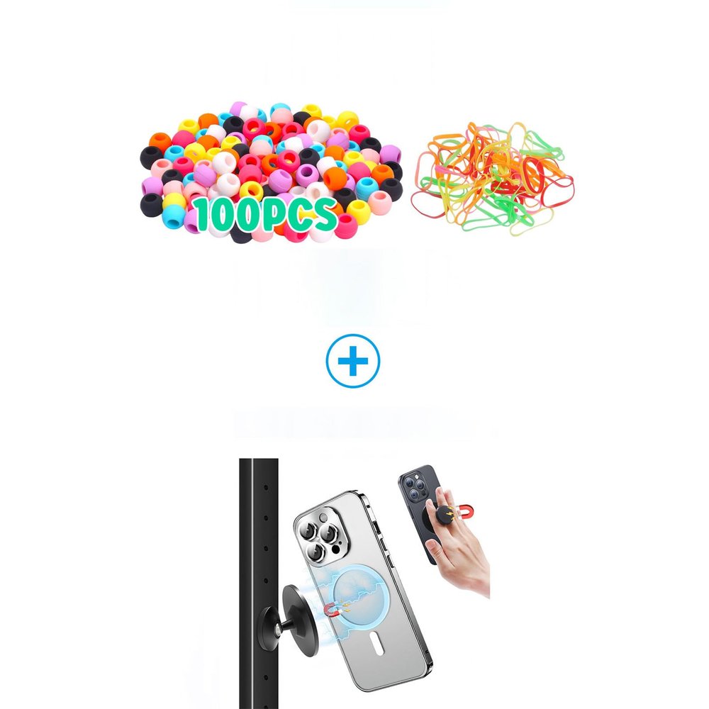 100Silicone Hair Beads & Gym Magnetic Phone Holder Compatible with iPhone 15 14 13 12 Pro Max Mini, Samsung, Mag-Safe Case, All Phones, Portable Magnetic Phone Mount, 360 Rotation Phone Grip with Met