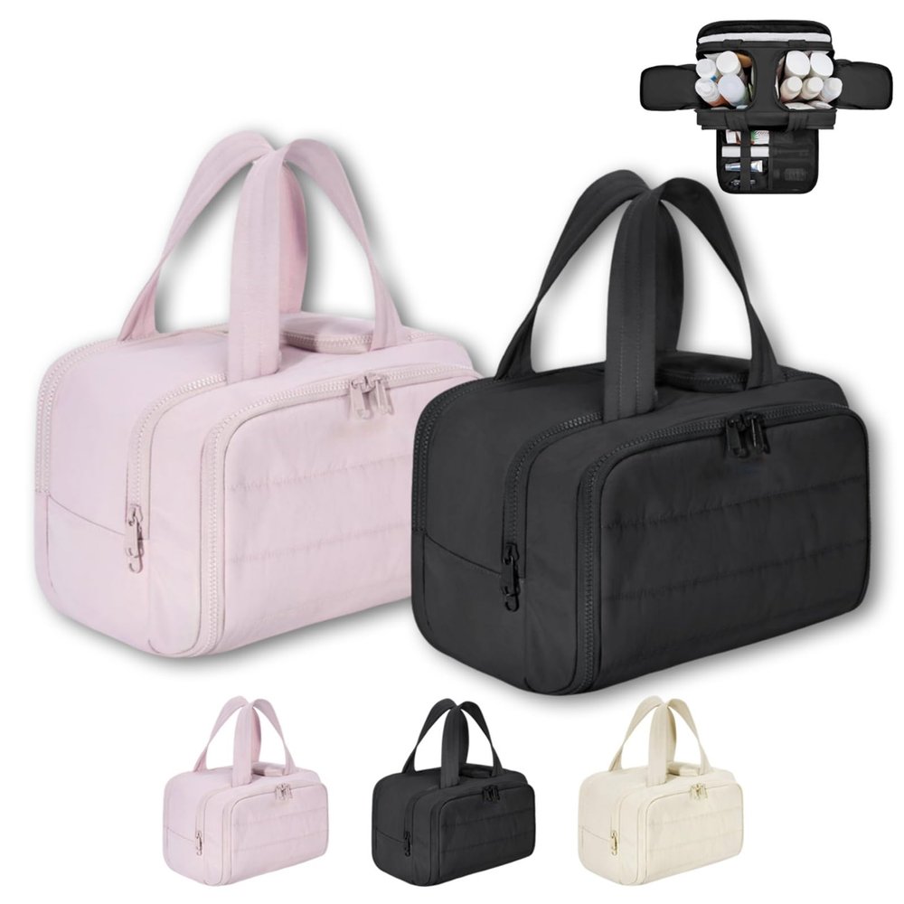 4-in-1 Multifunctional Travel Cosmetic Bag, Large-Capacity Travel Cosmetic Bag, 4-in-1 Puffy Multi-functional Toiletry Bag, 2025 New Camping Toiletry Bag for Women Traveling (Pink+Black)
