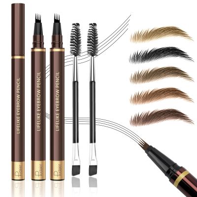 2PCS Microblading Eyebrow Pencil with Eyebrow Brush, Black Microblading Eye-brow Pencils for Women, 2-In-1 Waterproof Eyebrow Pen with 4-Fork & Ultra-Precise Tips for Hair-Like Eyebrow Makeup (Black)