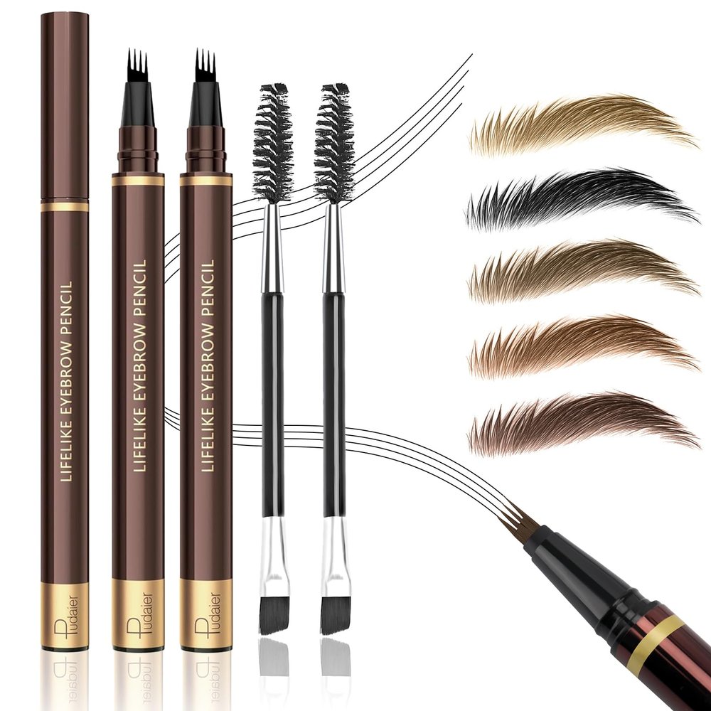 2PCS Microblading Eyebrow Pencil with Eyebrow Brush, Black Microblading Eye-brow Pencils for Women, 2-In-1 Waterproof Eyebrow Pen with 4-Fork & Ultra-Precise Tips for Hair-Like Eyebrow Makeup (Black)