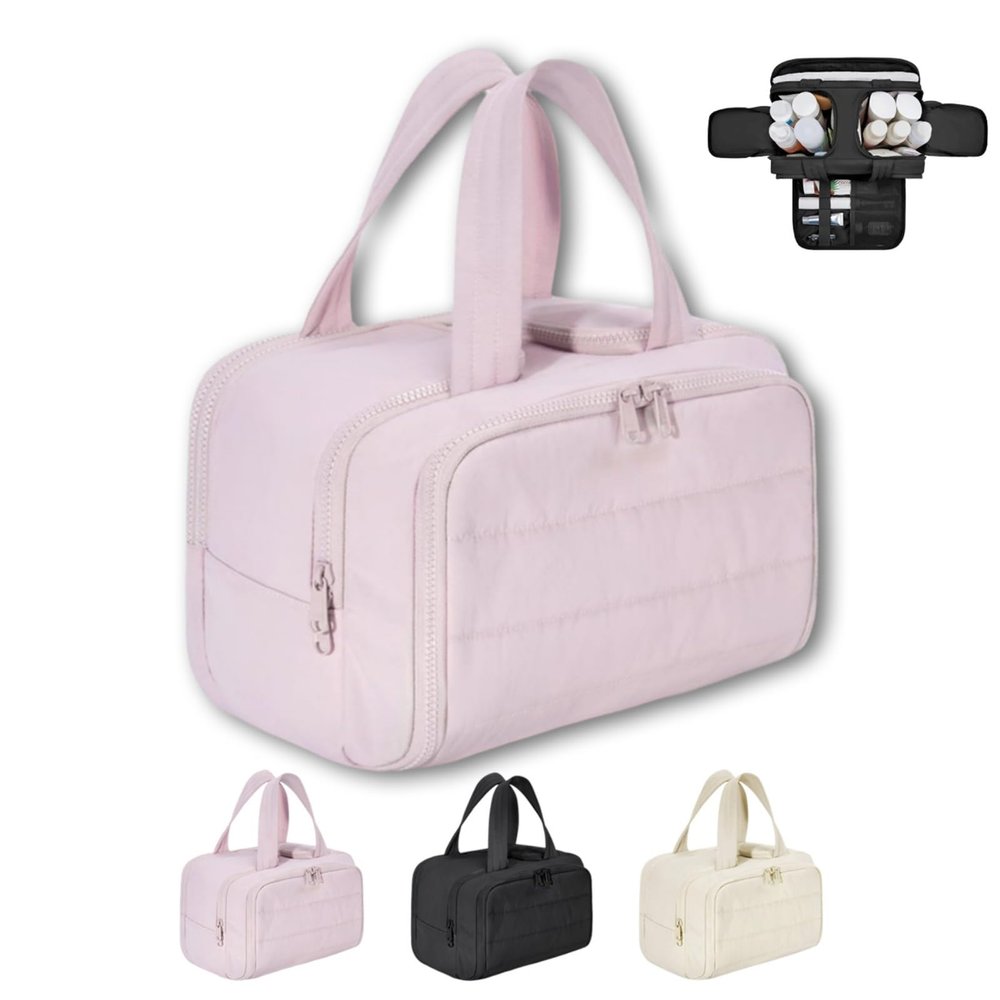 4-in-1 Multifunctional Travel Cosmetic Bag, Large-Capacity Travel Cosmetic Bag, 4-in-1 Puffy Multi-functional Toiletry Bag, 2025 New Camping Toiletry Bag for Women Traveling (Pink)