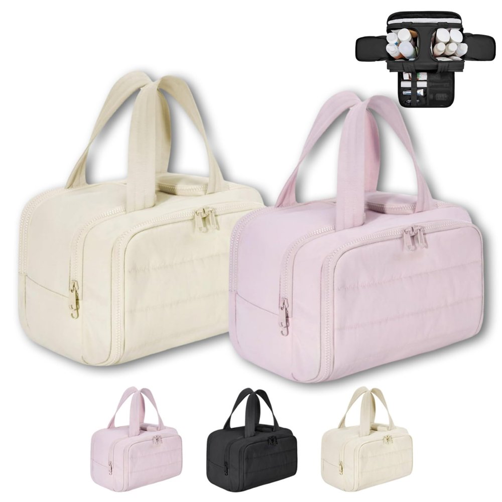 4-in-1 Multifunctional Travel Cosmetic Bag, Large-Capacity Travel Cosmetic Bag, 4-in-1 Puffy Multi-functional Toiletry Bag, 2025 New Camping Toiletry Bag for Women Traveling (Beige+Pink)