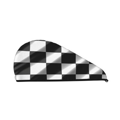 Black White Race Checkered Flag Hair Towel Wrap for Women Hair Cap Coral Velvet Hair Drying Cap with Button Super Absorbent Hair Drying Towel Quick Dry Hair Turban for Wet Hair Long Thick Hair