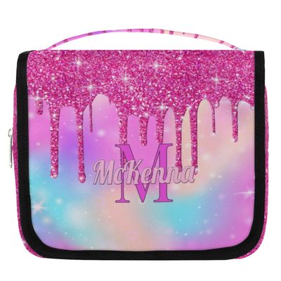 KFNHN Personalized Travel Toiletry Hanging Bag Waterproof Bags, Custom Name Cosmetic Makeup bag Toiletries Organizer Container Bag, Pink Glittering Gradient Pink Galaxy Background