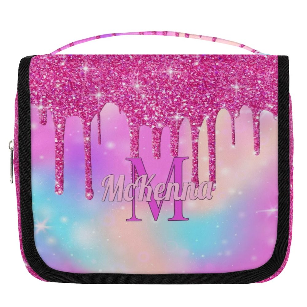 KFNHN Personalized Travel Toiletry Hanging Bag Waterproof Bags, Custom Name Cosmetic Makeup bag Toiletries Organizer Container Bag, Pink Glittering Gradient Pink Galaxy Background