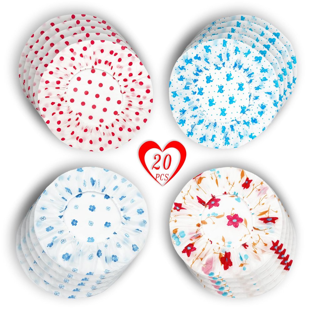 20-Pack Reusable Waterproof Shower Caps - 27cm Durable Elastic Hair Caps for Women, Men & Kids, Colorful Patterns, Individually Wrapped, Perfect for Shower, Cooking, Spa, Hair Care & Stocking Stuffers