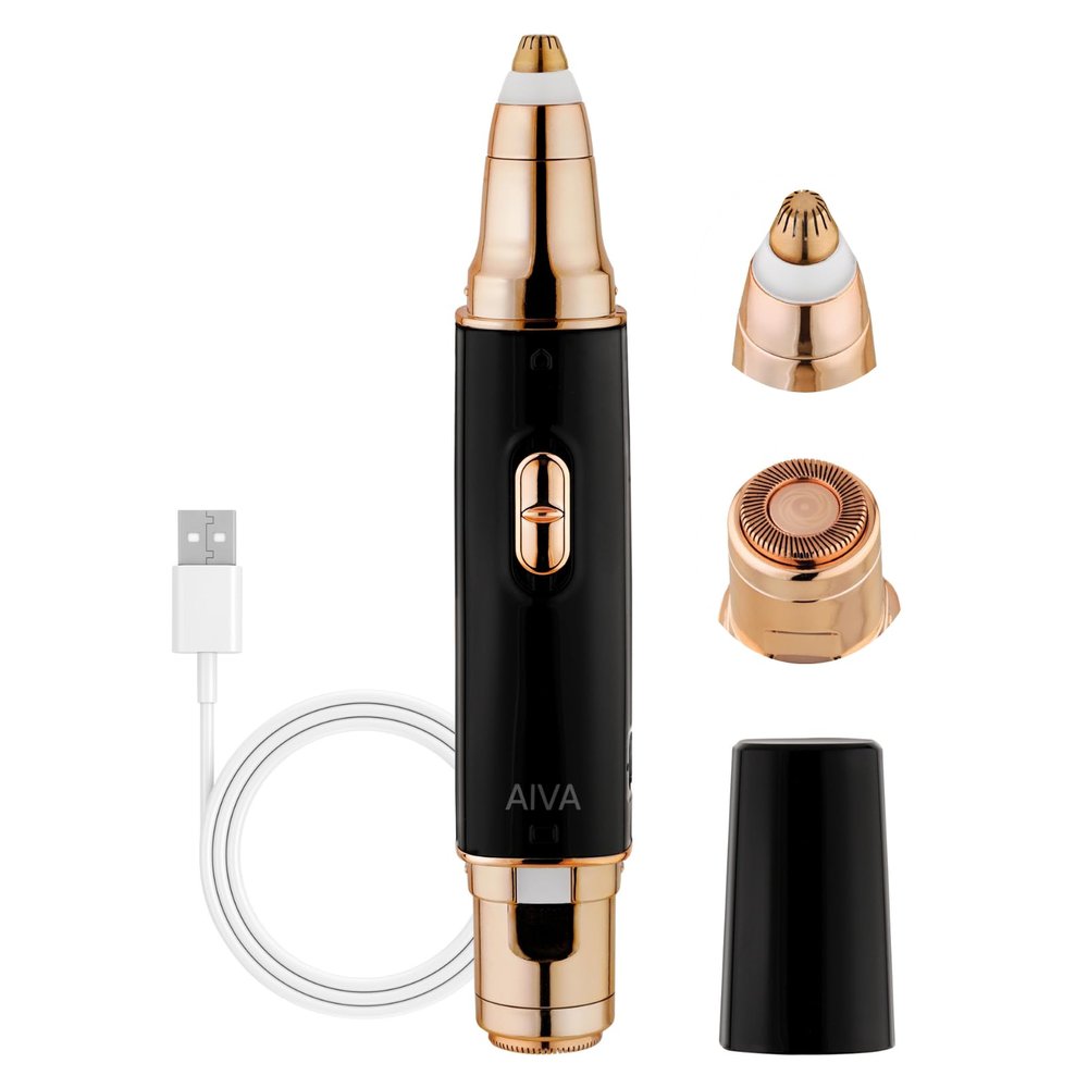 SPA SCIENCES - AIVA Deluxe  Patented Dual 2-in-1/Double Sided Facial Hair Remover & Eyebrow Trimmer USB Rechargeable with Built-in LED Lights & 2 Extra Replacement Heads