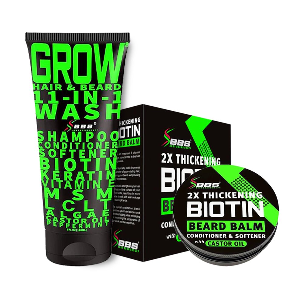 Biotin Beard Balm + 11-in-1 Beard & Hair Growth Shampoo  Kit with Castor Oil, Peppermint & Keratin  2X Thickening Balm, Mustache Wax & Conditioner  Hydrates, Thickens & Softens