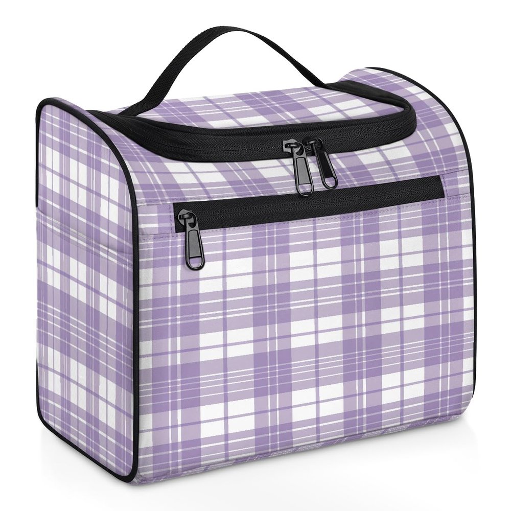 Kaifanee Waterproof Hanging Toiletry Bag for Women and Men, Purple White Buffalo Plaid Check Travel Cosmetic Bag Bathroom Storage Bag Hygiene kit