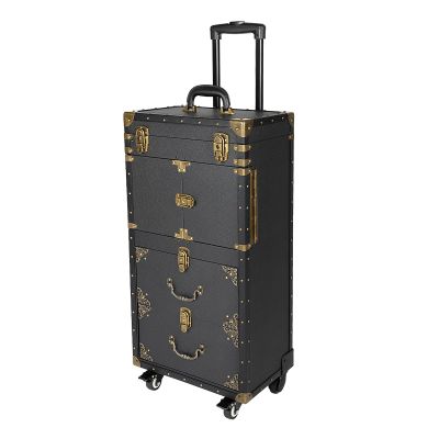 Bokknppo Rolling Makeup Case Cosmetology Case on Wheels Cosmetic Train Case Trolley Roll Travel Box Hair Stylist Travel Case Traveling Cart Trunk for Makeup Artist Esthetician Nail Tech (Black+Gold)