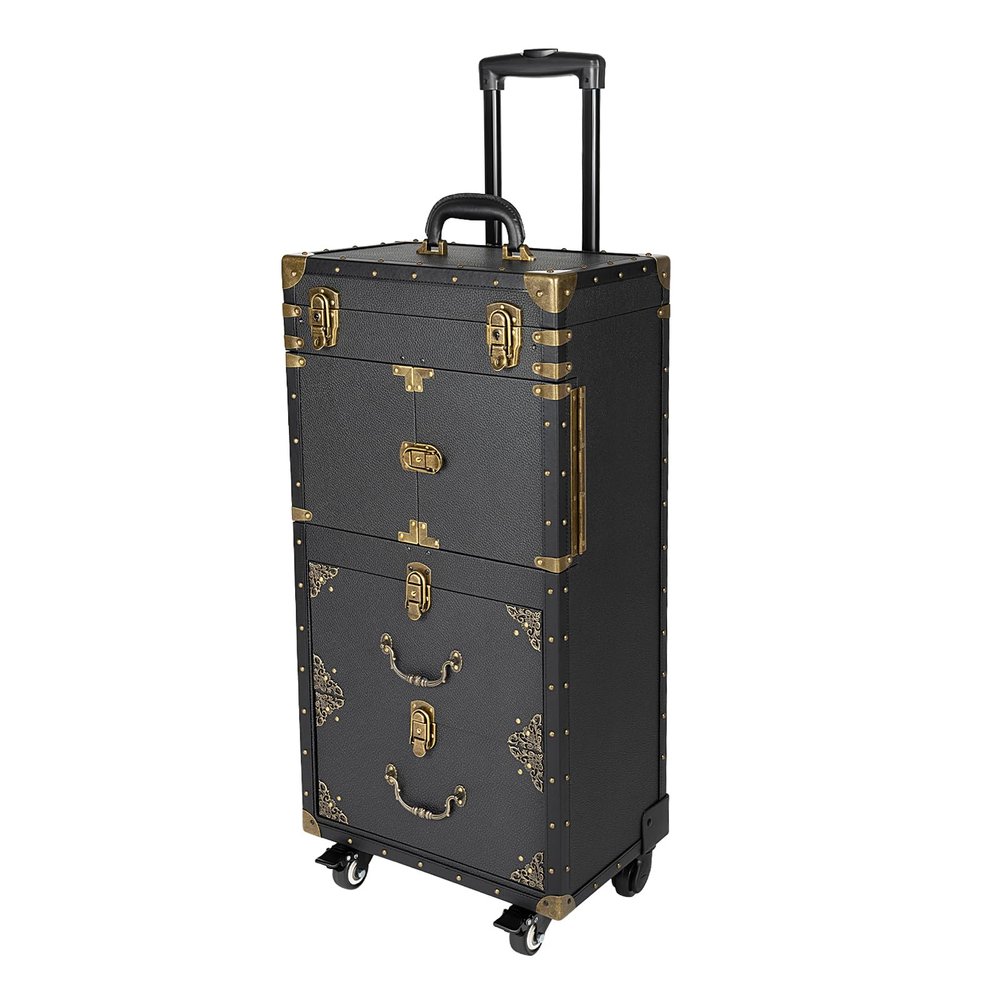 Bokknppo Rolling Makeup Case Cosmetology Case on Wheels Cosmetic Train Case Trolley Roll Travel Box Hair Stylist Travel Case Traveling Cart Trunk for Makeup Artist Esthetician Nail Tech (Black+Gold)