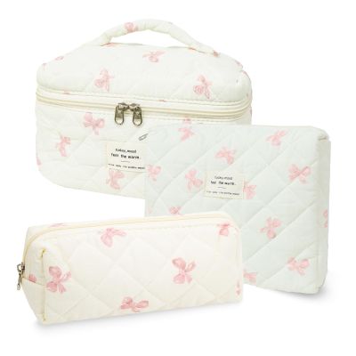 3Pcs Cotton Quilted Makeup Bag Set,Large Floral Cosmetic BagAesthetic Toiletry Travel Makeup Bag Set and Cute Flower Bag for Women Girls (White Pink Bow)