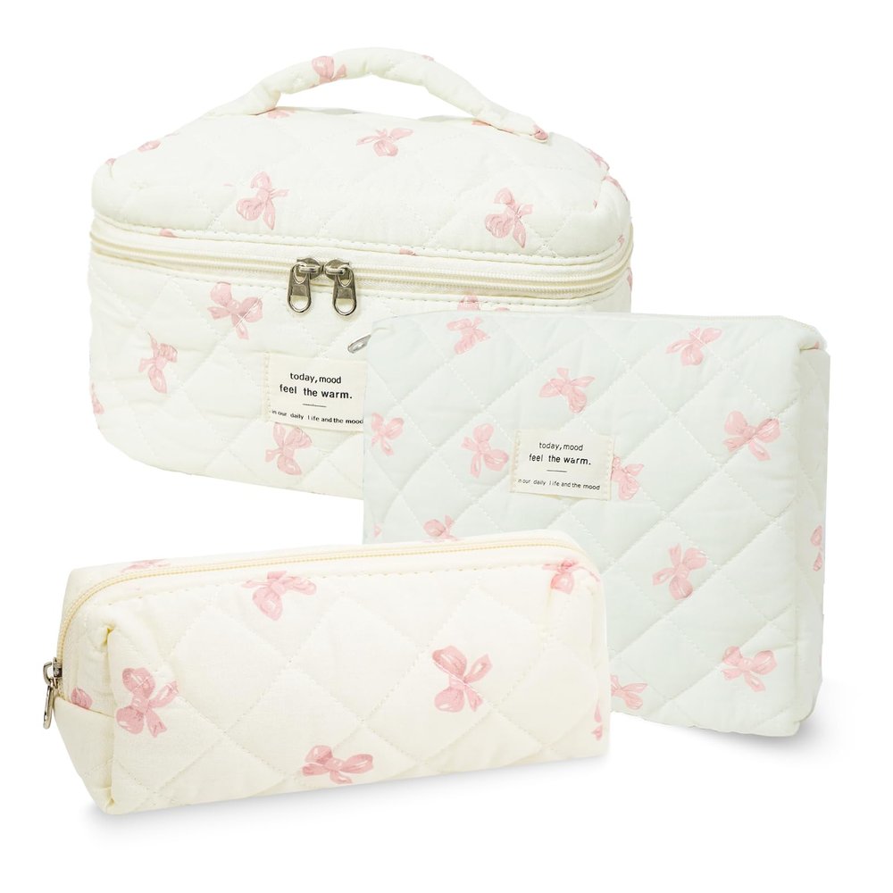 3Pcs Cotton Quilted Makeup Bag Set,Large Floral Cosmetic BagAesthetic Toiletry Travel Makeup Bag Set and Cute Flower Bag for Women Girls (White Pink Bow)