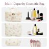 3Pcs Cotton Quilted Makeup Bag Set,Large Floral Cosmetic BagAesthetic Toiletry Travel Makeup Bag Set and Cute Flower Bag for Women Girls (White Pink Bow) view 3