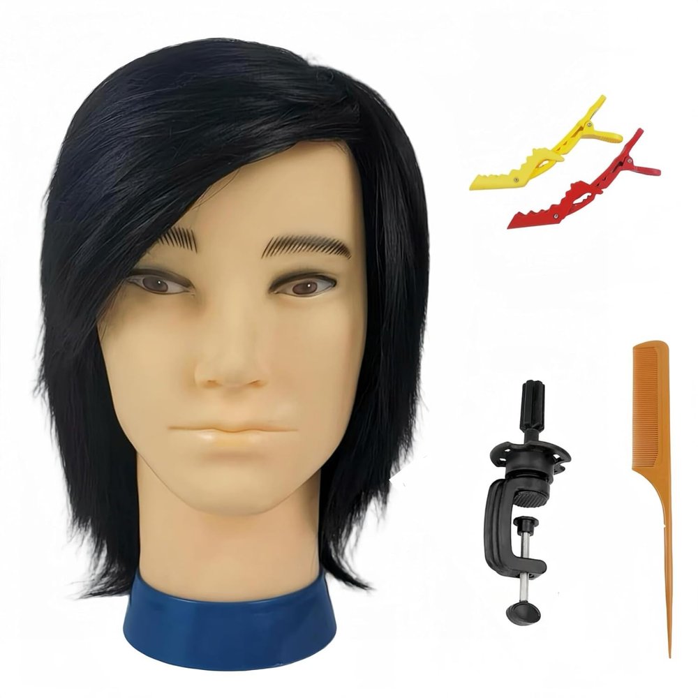 Mannequin Head Human Hair Barber Mannequin Head Male for Hairdressers Training Head for Hair Styling and Cutting