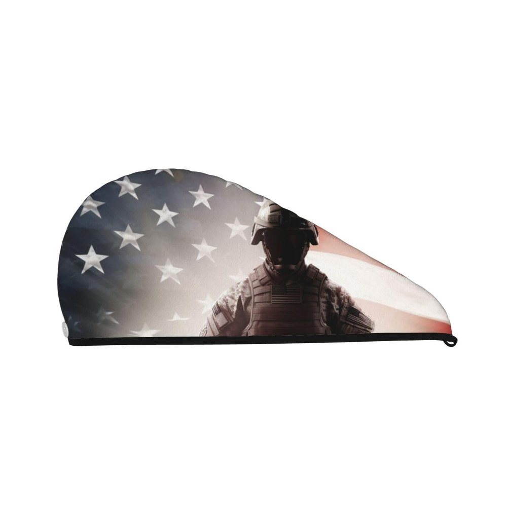 LHBWCVN American Flag Soldier Hair Towel Wrap for Women Hair Cap Coral Velvet Hair Drying Cap with Button Super Absorbent Hair Drying Towel Quick Dry Hair Turban for Wet Hair Long Thick Hair
