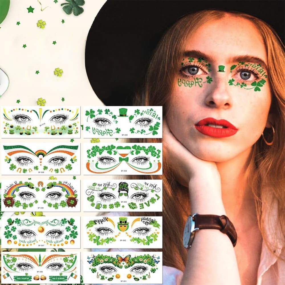 10 Sheets St Patricks Day Temporary Tattoos - St Patricks Day Shamrock Tattoos Face, Saint Patricks Day Shamrock Face Stickers, Waterproof Clover Tattoos Art Make up St Patricks Day Accessories