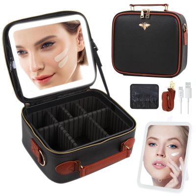 GERYUAEG Travel Makeup Bag with Mirror of LED Lighted, Rechargeable Cosmetic Train Case Artist Makeup Organizer for Women with Adjustable Dividers, Makeup Brushes Holder and Strap (CosMirr-Black02)