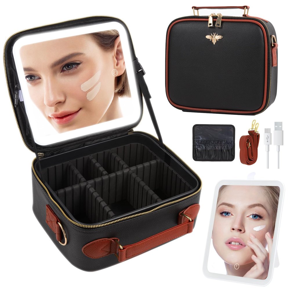 GERYUAEG Travel Makeup Bag with Mirror of LED Lighted, Rechargeable Cosmetic Train Case Artist Makeup Organizer for Women with Adjustable Dividers, Makeup Brushes Holder and Strap (CosMirr-Black02)