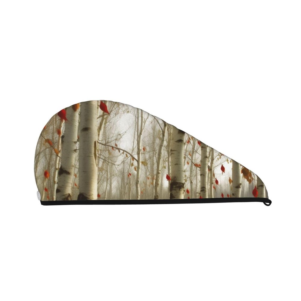 LHBWCVN Birch Trees Fall Hair Towel Wrap for Women Hair Cap Coral Velvet Hair Drying Cap with Button Super Absorbent Hair Drying Towel Quick Dry Hair Turban for Wet Hair Long Thick Hair