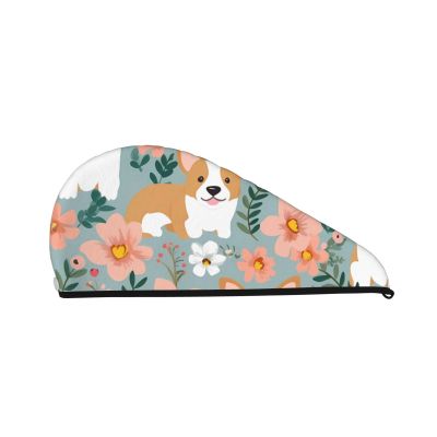 Corgi Floral Flowers Spring Garden Hair Towel Wrap for Women Hair Cap Coral Velvet Hair Drying Cap with Button Super Absorbent Hair Drying Towel Quick Dry Hair Turban for Wet Hair Long Thick Hair