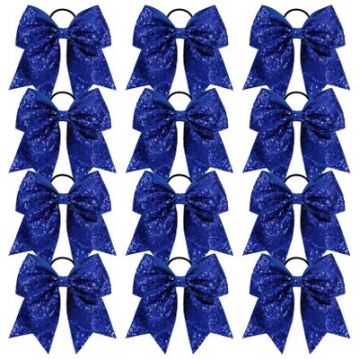 12PCS Glitter Cheer Bow 8" Large Blue Cheer Bows Bulk Hair Bows Girls Cheerleading Bows Elastic Band Ponytail Holder for Teen Girls College Sports Competition