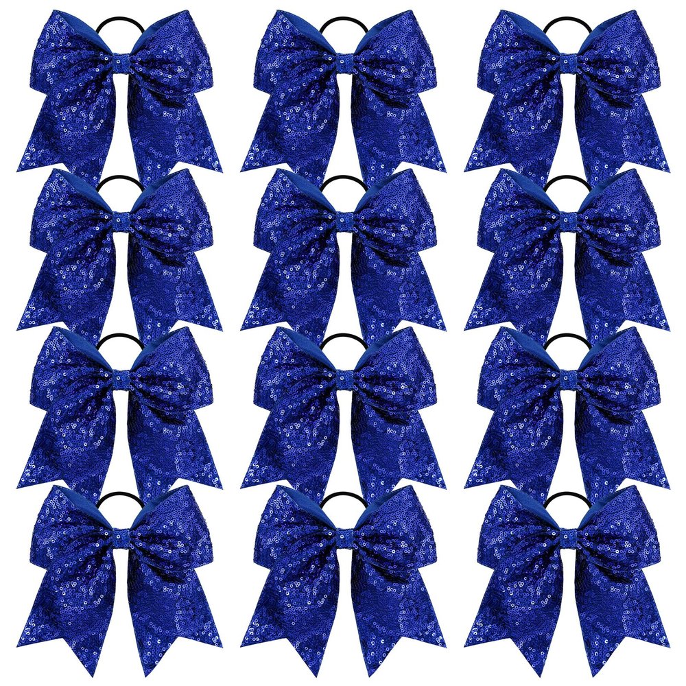 12PCS Glitter Cheer Bow 8" Large Blue Cheer Bows Bulk Hair Bows Girls Cheerleading Bows Elastic Band Ponytail Holder for Teen Girls College Sports Competition