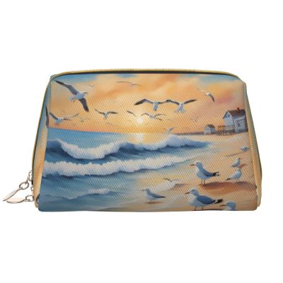 WBQLSL airborne seagulls Leather makeup bag, portable large-capacity makeup storage bag, carry-on travel with pocket makeup bag