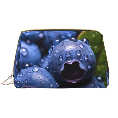 WBQLSL blueberries Leather makeup bag, portable large-capacity makeup storage bag, carry-on travel with pocket makeup bag
