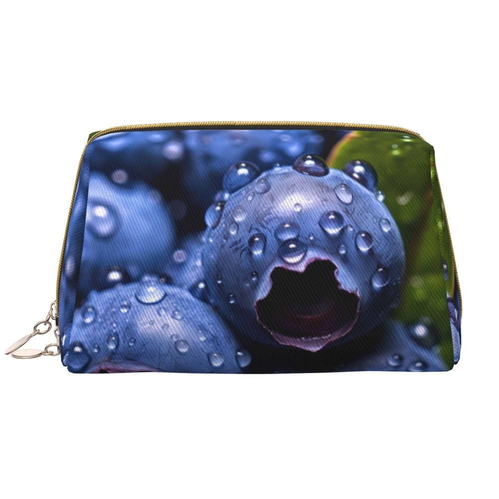 WBQLSL blueberries Leather makeup bag, portable large-capacity makeup storage bag, carry-on travel with pocket makeup bag