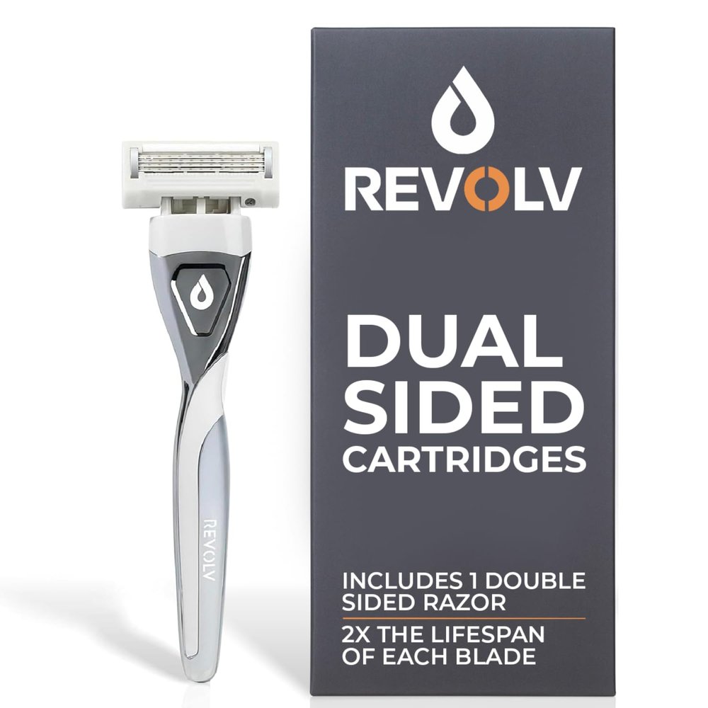 REVOLV - Mens Razor - 1 Premium Weighted Handle + 1 Dual-Sided Cartridge - For a Closer, Smoother Shave - Safe on Sensitive Skin - Grey