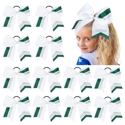 12PCS Cheer Bows Bulk Glitter Cheerleading Bows Girls Hair Bows White Green Cheer Bows Elastic Band Ponytail Holder for Cheerleaders Teen Girls College Sports Competition