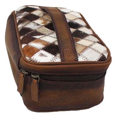 CHALLENGER Western Cowhide Diamond Patch Brown Leather Toiletry Dopp Kit Travel Bag 18SKT13