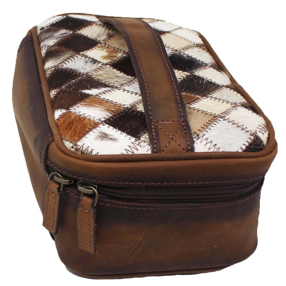 CHALLENGER Western Cowhide Diamond Patch Brown Leather Toiletry Dopp Kit Travel Bag 18SKT13