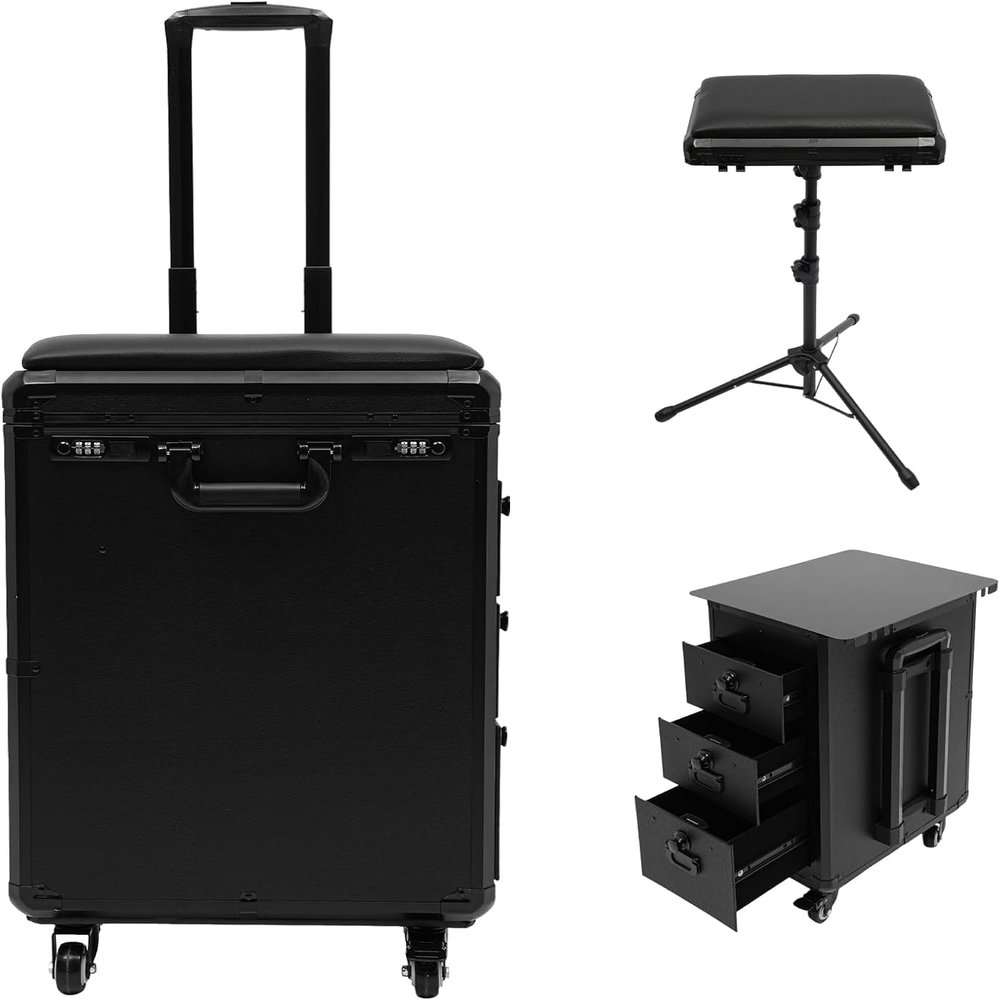 Bokknppo Rolling Makeup Train Case Professional Cosmetic trolley on Wheels Large Storage Lockable Travel Organizer with Drawer Nail Cart Trunk Cosmetic Suitcase for Makeup Nail Artist (Metal Panel)