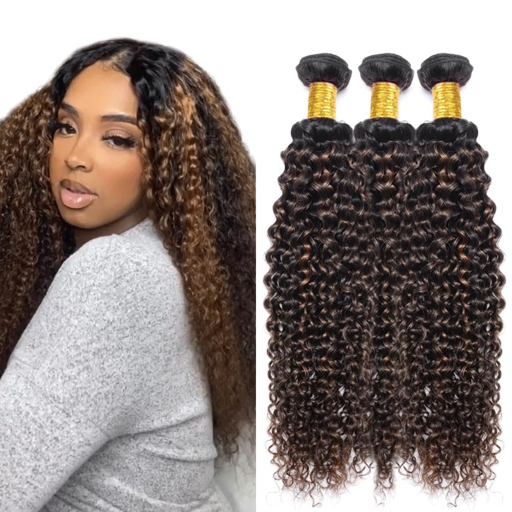 Highlight Bundles P1B30 Kinky Curly Human Hair Bundles Two Tone Black Mixed With Light Brown Bundles Ombre Curly Wave Bundles Human Hair 3 Bundles 30 32 34 Inch