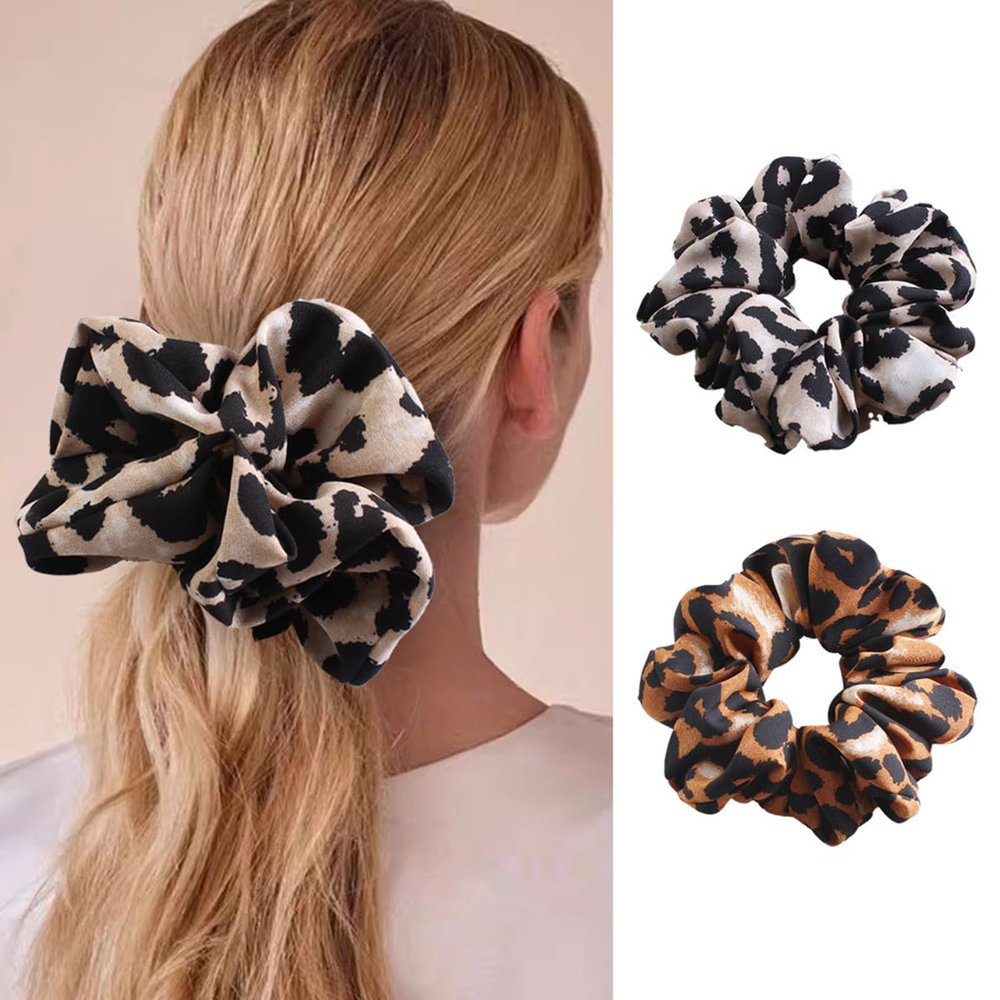 2pcs Leopard French Hair Scrunchies,Punk Vintage Large Elastic Scrunchie Hair Tie Ponytail Holders Bun Cover for Girls and Women
