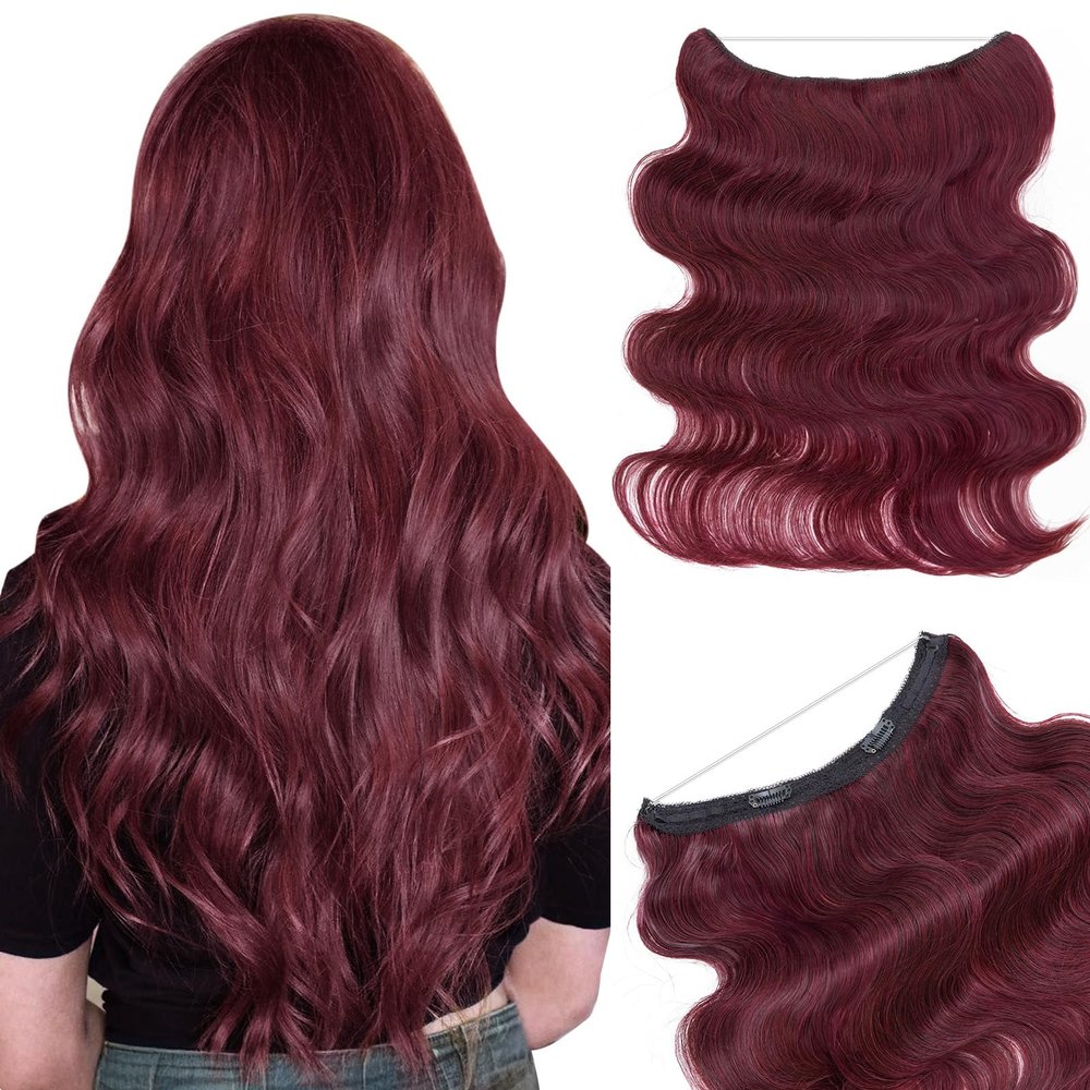 Benehair Halo Hair Extensions Real Human Hair, Halo Hair Extension 100% Human Hair, Wavy Halo Extensions Human Hair, Curly Human Hair Halo Extensions, Wire Hair Extension, #Wine Red 60g/14inch