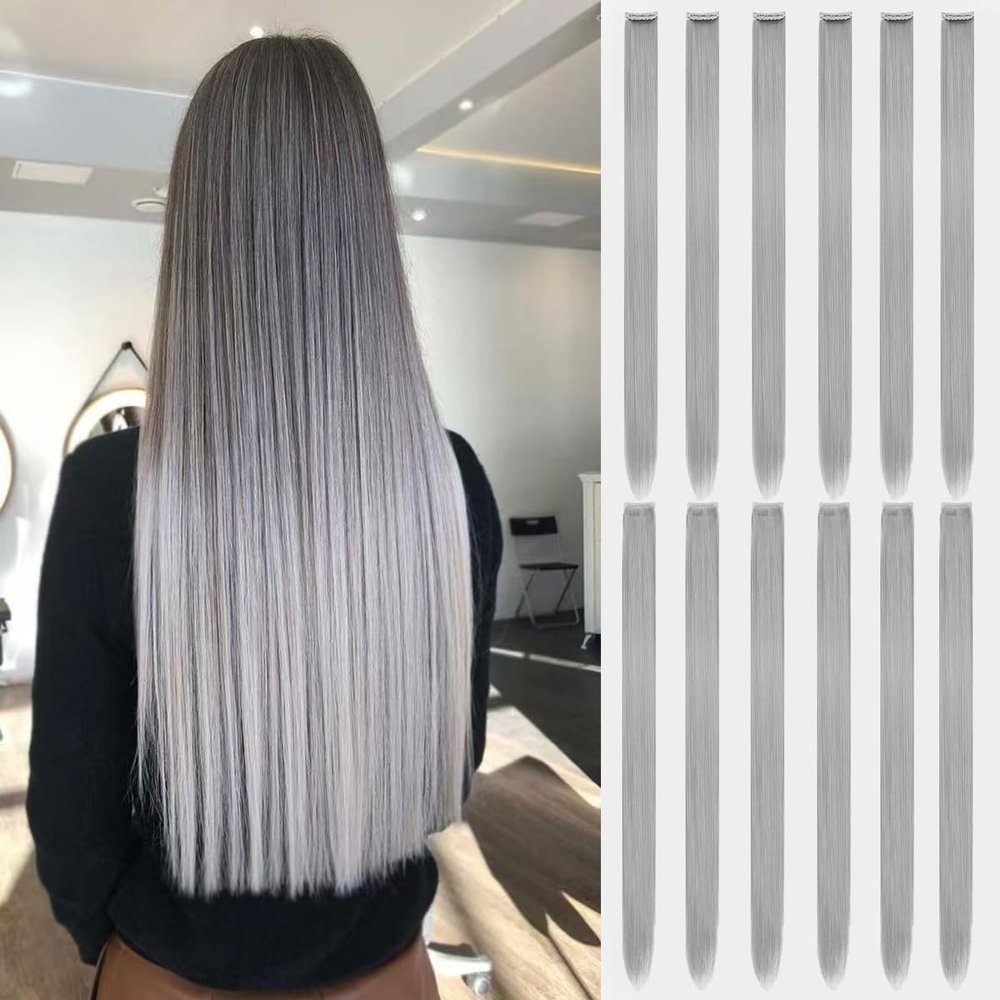12 Pcs Colored Clip In Hair Extensions Sliver Gray hair 20 Inches Straight Hair Clip In Synthetic Hair Extensions For Women Girls Kids Gift Synthetic Hairpieces Can Be Hot Water Curl (12Pcs Gray)