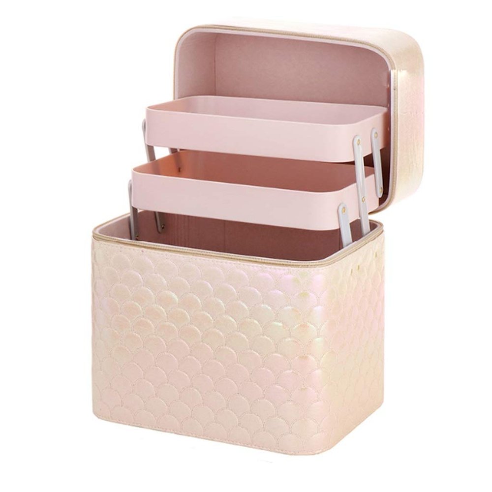 IIPOSAQQ 1PC Travel Cosmetic Bag with Mirror Portable Train Makeup Case 4 Foldable Makeup Tray for Cosmetics Makeup Brushes (Color : A) (C)