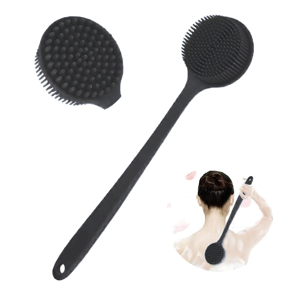 Silicone Body Scrubber with Long Handle, Double-Sided Bath Brush for Exfoliation & Massage, Lightweight Shower Back Scrubber with Non-Slip Grip (Black)